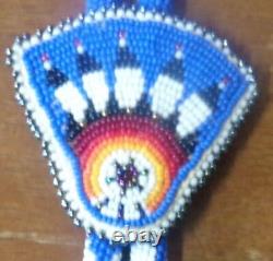 Native American Beaded FAN Medallion Bolo Tie 19 Blue HandMade Feather Fire