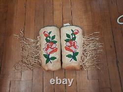 Native American Beaded Gauntlets 1920s CROW TRIBE rose pattern Indian-made cuff