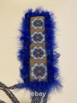 Native American Beaded Hair Barrette Handmade OOAK 28 Long Thimbles Feathers