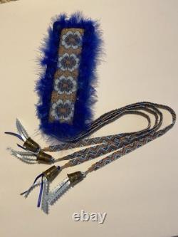 Native American Beaded Hair Barrette Handmade OOAK 28 Long Thimbles Feathers