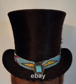 Native American Beaded Hat Band Sterling Brooch On Antique 1800's Beaver Top Hat