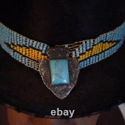 Native American Beaded Hat Band Sterling Brooch On Antique 1800's Beaver Top Hat