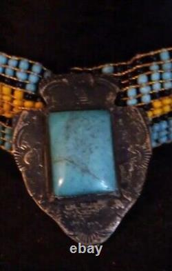 Native American Beaded Hat Band Sterling Brooch On Antique 1800's Beaver Top Hat