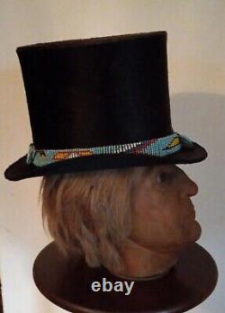 Native American Beaded Hat Band Sterling Brooch On Antique 1800's Beaver Top Hat