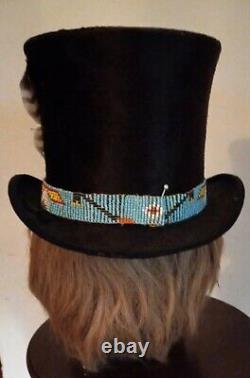 Native American Beaded Hat Band Sterling Brooch On Antique 1800's Beaver Top Hat