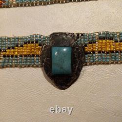 Native American Beaded Hat Band Sterling Brooch On Antique 1800's Beaver Top Hat