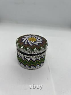 Native American Beaded Jar Beautiful With Leather Bottom and Glass Jar