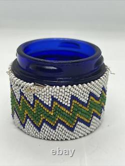 Native American Beaded Jar Beautiful With Leather Bottom and Glass Jar