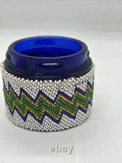 Native American Beaded Jar Beautiful With Leather Bottom and Glass Jar