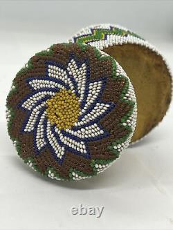 Native American Beaded Jar Beautiful With Leather Bottom and Glass Jar