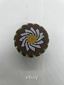 Native American Beaded Jar Beautiful With Leather Bottom and Glass Jar