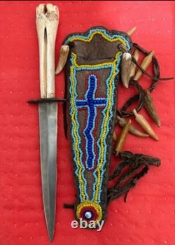Native American Beaded Knife Case with Bone -pre-owned
