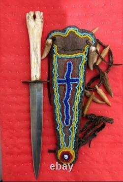 Native American Beaded Knife Case with Bone -pre-owned