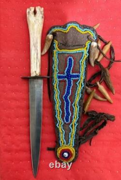Native American Beaded Knife Case with Bone -pre-owned