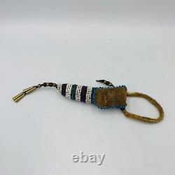 Native American Beaded Leather Awl Case Pouch With Awl Carved Antler Handle