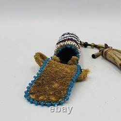 Native American Beaded Leather Awl Case Pouch With Awl Carved Antler Handle
