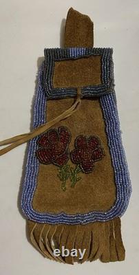 Native American Beaded Leather Medicine Pouch Thunderbird Flowers