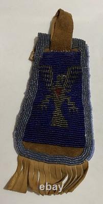 Native American Beaded Leather Medicine Pouch Thunderbird Flowers