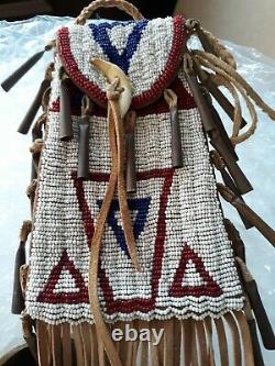 Native American Beaded Leather Tobacco Bag, Medicine Pouch Northern Cheyenne