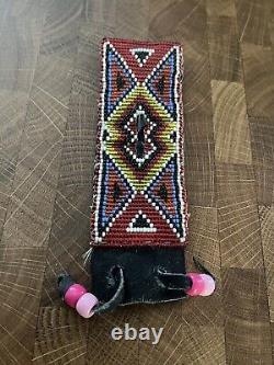 Native American Beaded Leather Watchband with Leather Drawstrings