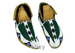 Native American Beaded Powwow Moccasins Green Geometric Beads Leather MC617