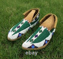 Native American Beaded Powwow Moccasins Green Geometric Beads Leather MC617