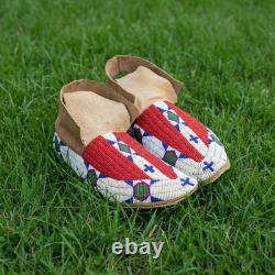 Native American Beaded Powwow Moccasins Red Stripe Multicolor Leather MC630