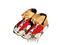 Native American Beaded Powwow Moccasins Red Stripe Multicolor Leather MC630