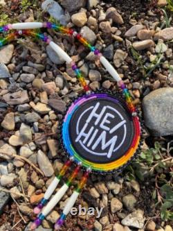 Native American Beaded Pronoun Medallion Two Spirit Pride LGBTQ He/Him