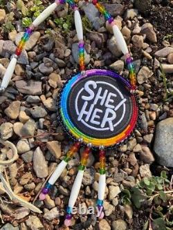 Native American Beaded Pronoun Medallion Two Spirit Pride LGBTQ She/Her