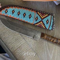 Native American Beaded Sheath & Leather Covered Handle Trade Knife Arrowhead