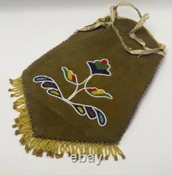 Native American Beaded Suede Leather Fringed Indian Drawstring Tobacco Pouch Bag