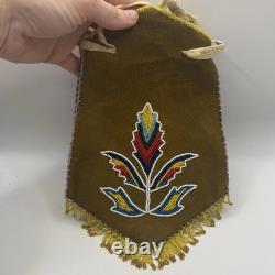 Native American Beaded Suede Leather Fringed Indian Drawstring Tobacco Pouch Bag