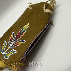 Native American Beaded Suede Leather Fringed Indian Drawstring Tobacco Pouch Bag