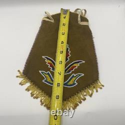 Native American Beaded Suede Leather Fringed Indian Drawstring Tobacco Pouch Bag
