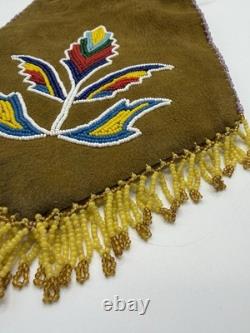 Native American Beaded Suede Leather Fringed Indian Drawstring Tobacco Pouch Bag