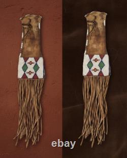 Native American Beaded Tobacco Pipe Bag Leather Fringe Handmade Tobacco Pouch
