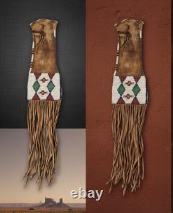 Native American Beaded Tobacco Pipe Bag Leather Fringe Handmade Tobacco Pouch