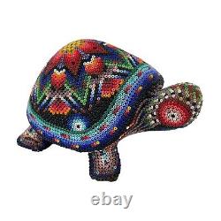 Native American Beaded Turtle Fetish Artist Wooden Carved Handmade Floral