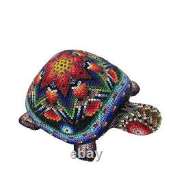 Native American Beaded Turtle Fetish Artist Wooden Carved Handmade Floral