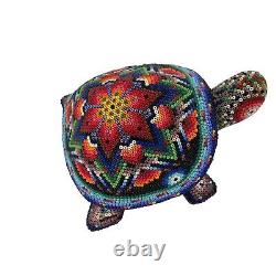 Native American Beaded Turtle Fetish Artist Wooden Carved Handmade Floral