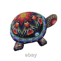 Native American Beaded Turtle Fetish Artist Wooden Carved Handmade Floral