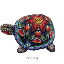 Native American Beaded Turtle Fetish Artist Wooden Carved Handmade Floral