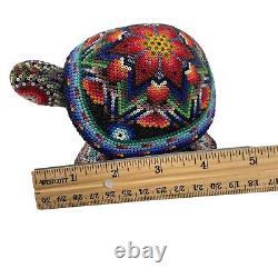 Native American Beaded Turtle Fetish Artist Wooden Carved Handmade Floral