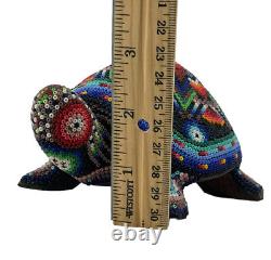 Native American Beaded Turtle Fetish Artist Wooden Carved Handmade Floral