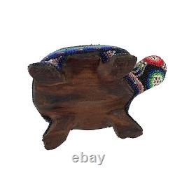 Native American Beaded Turtle Fetish Artist Wooden Carved Handmade Floral