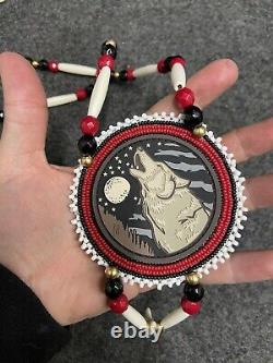 Native American Beaded Wolf Native Beaded Medallion Pow Wow Regalia