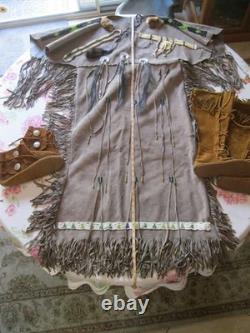 Native American Beaded Womens M-L Buckskin Leather Dress with Accessories