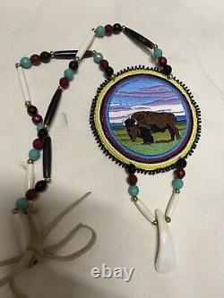 Native American Beadwork White Buffalo Native Beaded Medallion Pow Wow Regalia