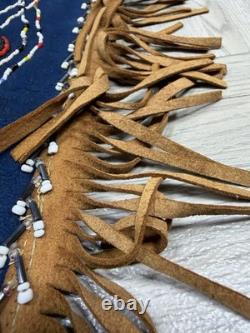 Native American Blue Hide Beaded Leggings Fringed Leather Chaps
